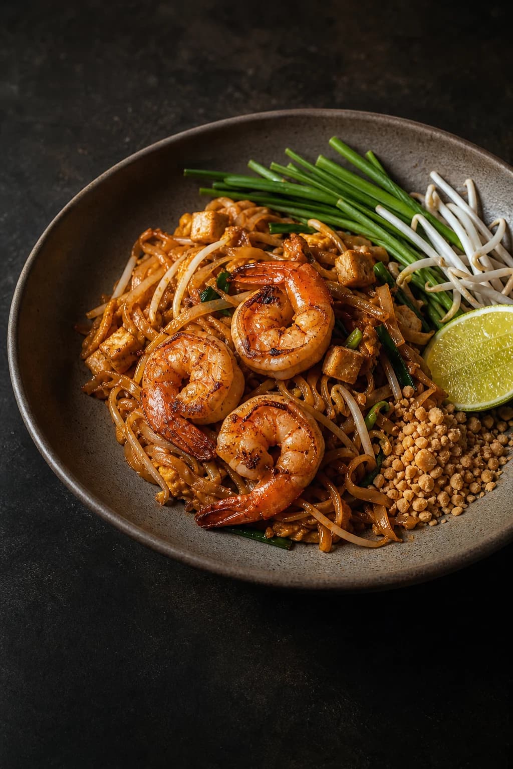 Pad Thai with shrimp, chives, bean sprouts, peanuts and lime in a ceramic bowl